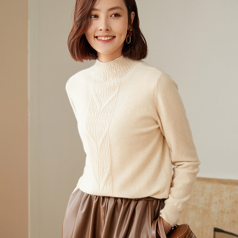知性好搭~旦可韵羊绒线定制款100%纯山羊绒半高领女针织衫新款
