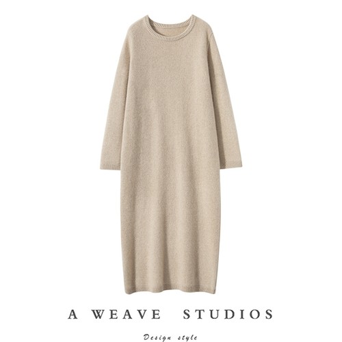 秋冬加厚圆领长款羊绒衫女