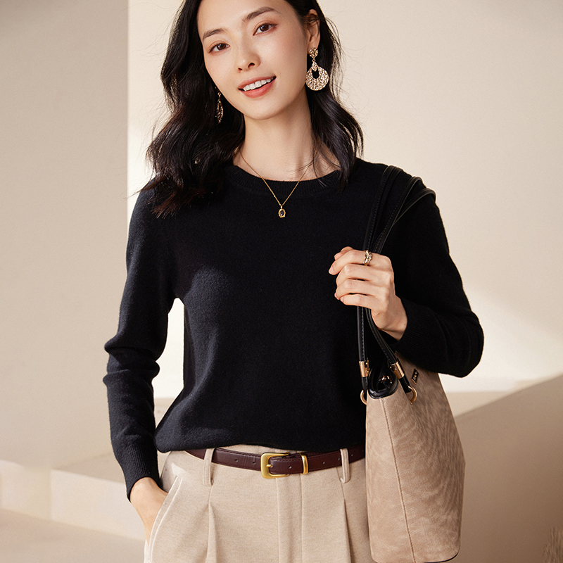 尽显品味~羊绒线定制款圆领100纯山羊绒衫女秋冬针织打底毛衣