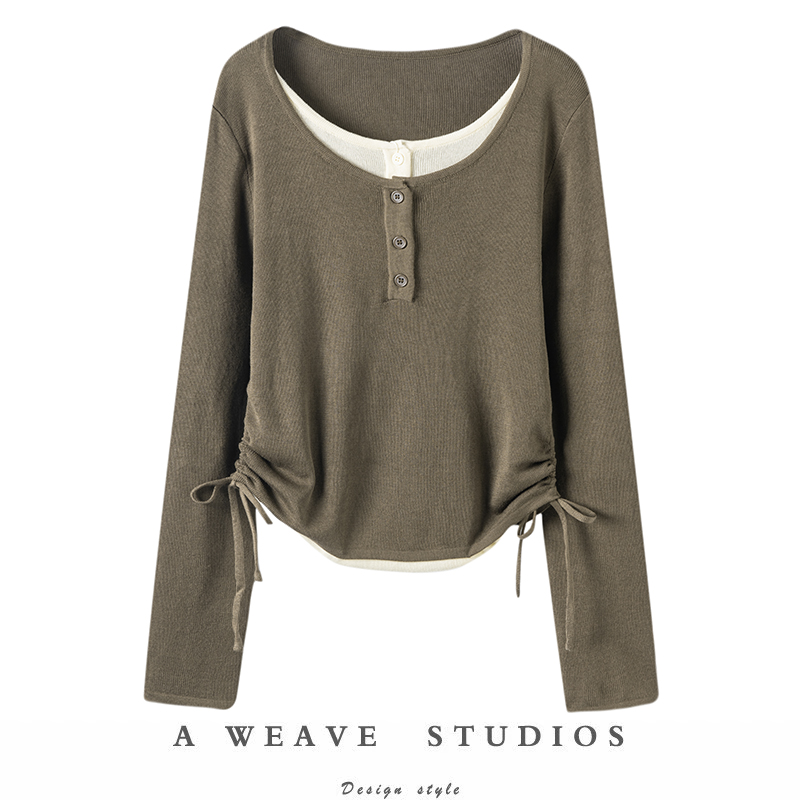 半开扣假两件纯羊绒衫女撞色