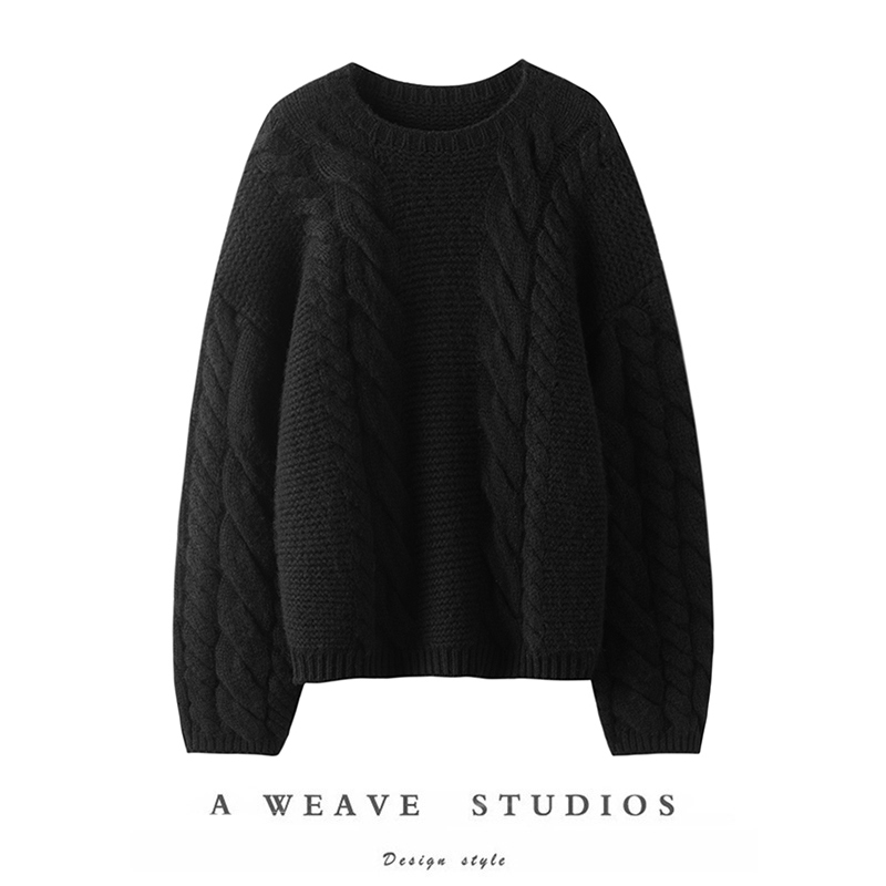 棒针羊绒衫女圆领纯羊绒毛衣冬