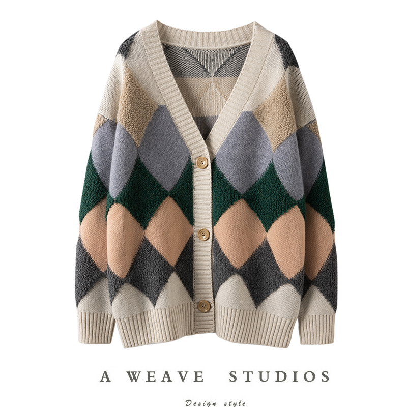 山羊绒毛圈工艺菱形格羊绒衫