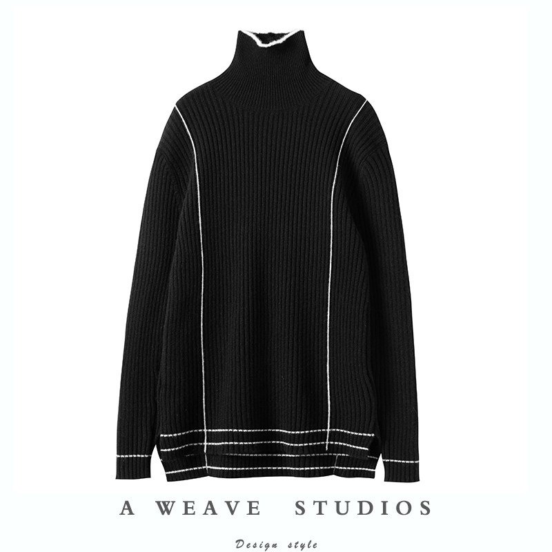 气质不可挡！白拼条高领羊绒衫女加厚廓形黑色毛衣女2024春新款,女装/女士精品,羊绒衫,淘宝优惠券,粉丝福利购,淘宝优惠卷