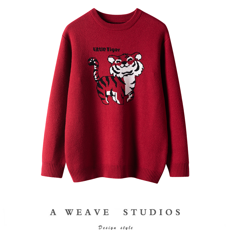 新年红冬季洋气时尚日系红色老虎羊绒衫2025年新款秋冬上衣
