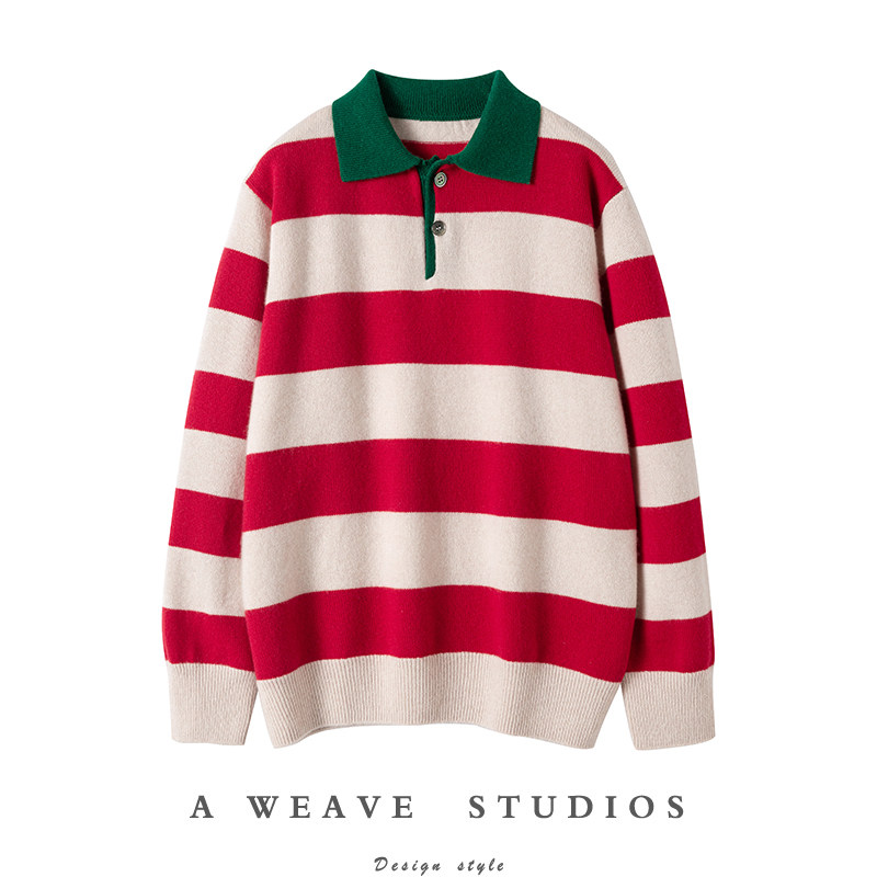 现货秒发！加厚复古休闲风POLO翻领红条纹羊绒毛衣女纯羊绒衫,女装/女士精品,羊绒衫,淘宝优惠券,粉丝福利购,淘宝优惠卷