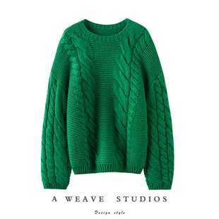 貌美好穿~重磅加厚粗棒针100%纯山羊绒衫女圆领纯羊绒毛衣宽松