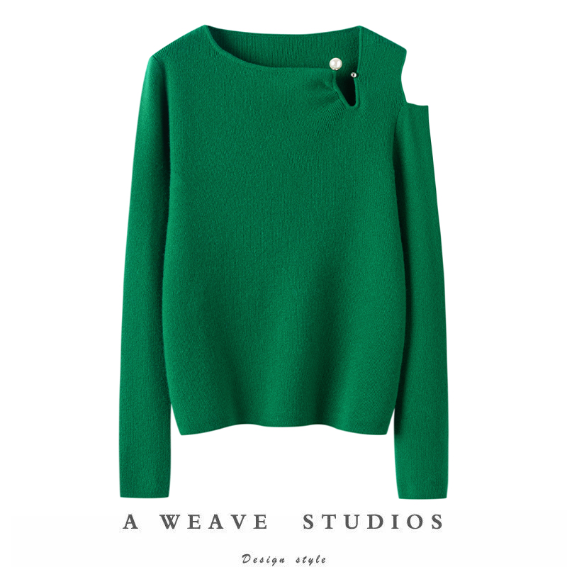 越穿越爱~圆领镂空露肩羊绒针织衫女秋冬100%纯羊绒气质上衣