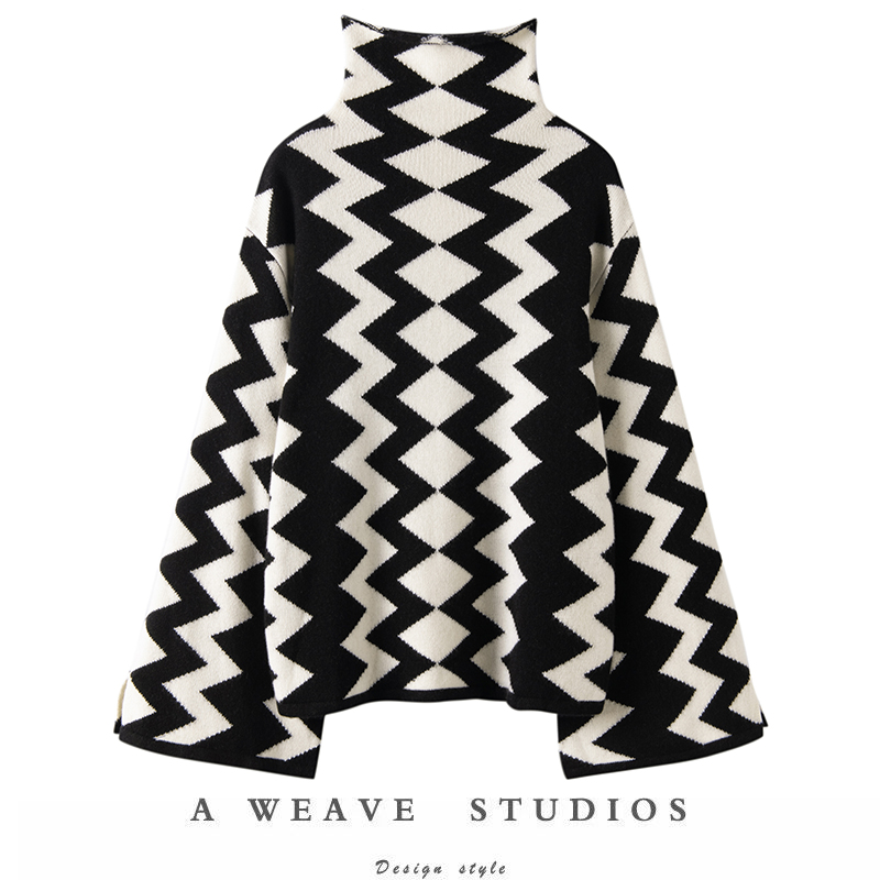 气质高领条纹针织羊绒衫女