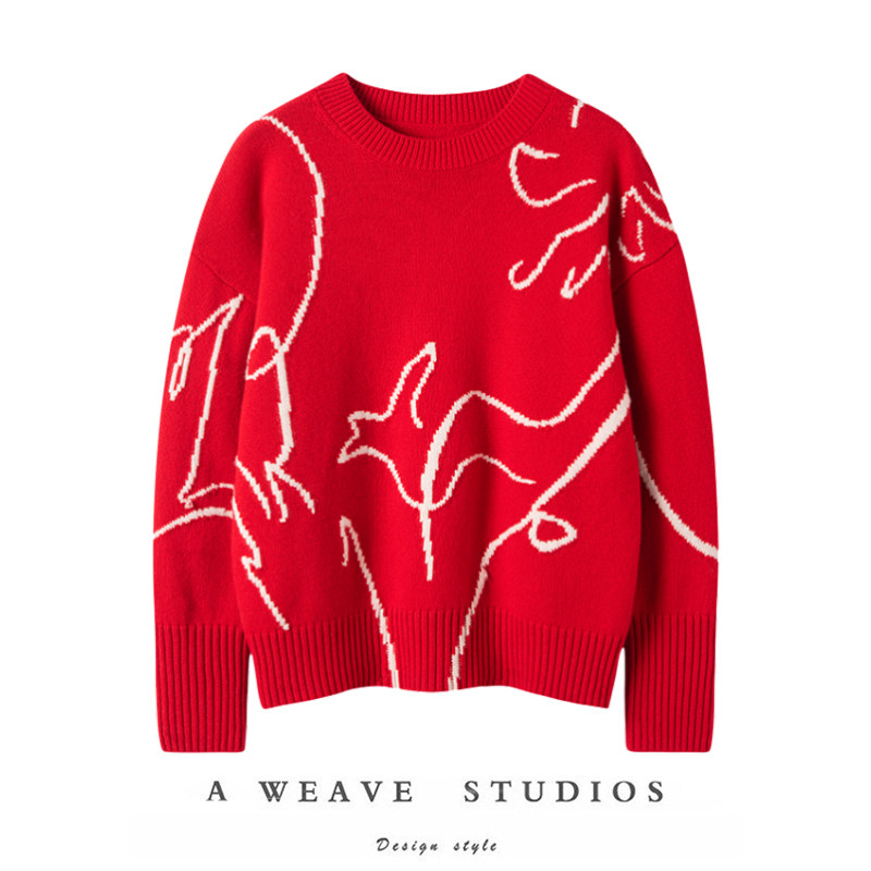 新年限定！国风喜庆红色本命年羊绒毛衣女2025新款圆领长袖上衣,女装/女士精品,羊绒衫,淘宝优惠券,粉丝福利购,淘宝优惠卷