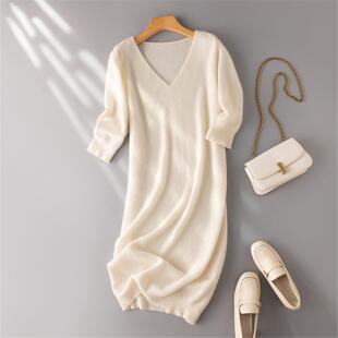 气质v领~短袖纯色山羊绒衫女中长款毛衣裙秋冬针织打底连衣裙白色