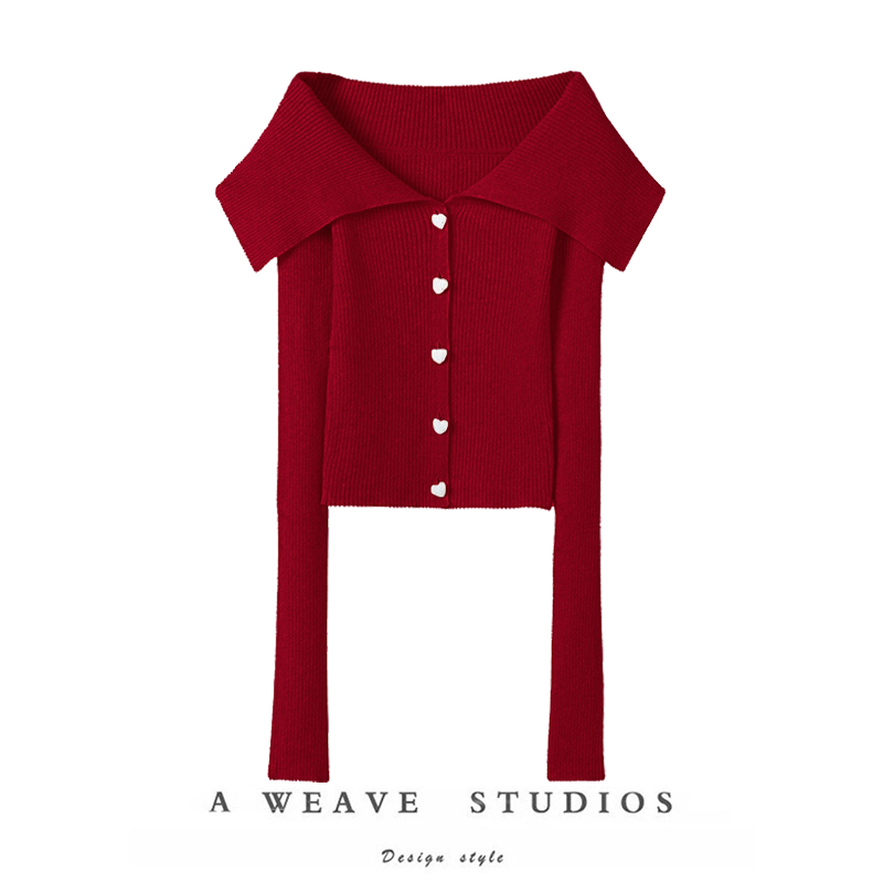 车厘子红翻领山羊绒针织小开衫女