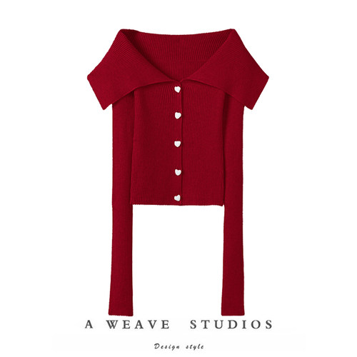 车厘子红翻领山羊绒针织小开衫女