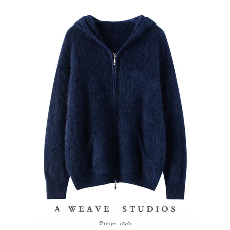 水洗拉绒羊绒拉链连帽针织开衫