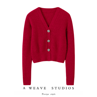 精致！钻石花瓣扣加厚V领羊绒开衫女纯羊绒毛衣短款针织开衫外套