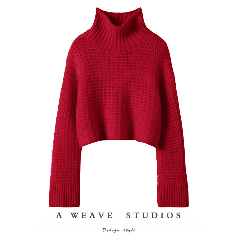 一眼迷的版～车厘子红编镂空编织阔袖高领100%羊绒毛衣25春秋新款