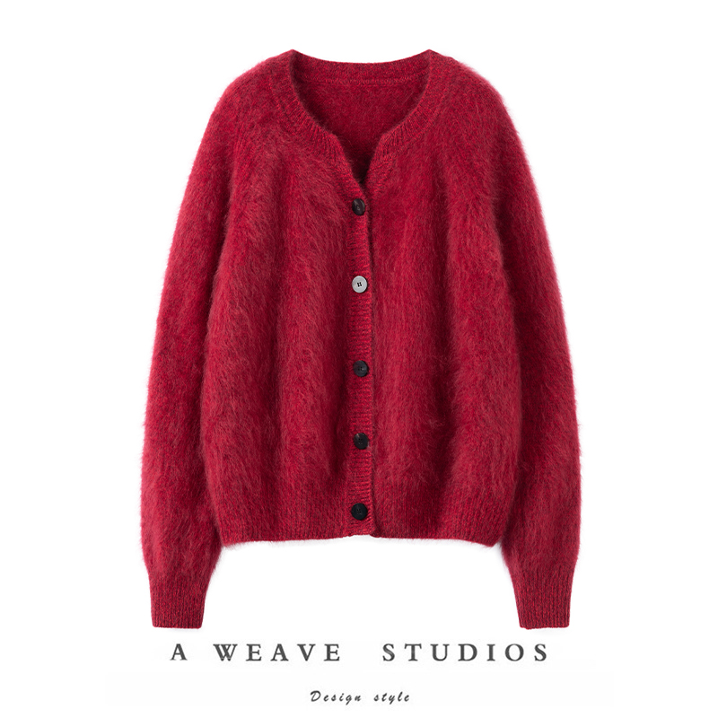 复古小皮草V领开衫拉绒羊绒衫