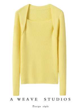 气质出众~显瘦方领坑条羊绒衫女圆领羊绒鹅黄色毛衣针织打底衫
