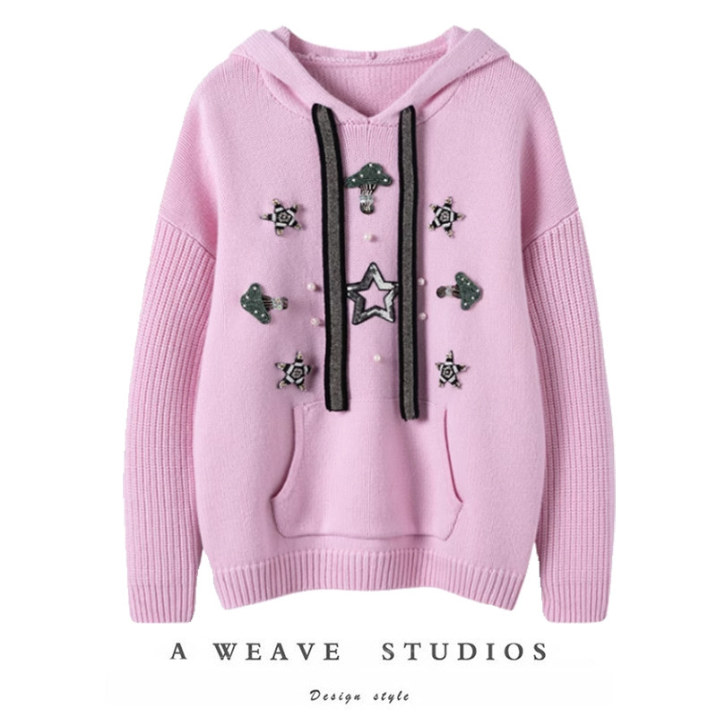 华贵典雅大气~重磅加厚手工钉珠100%纯山羊绒连帽卫衣毛衣女