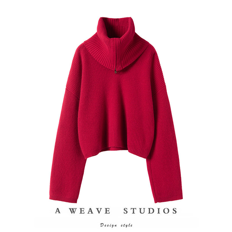 精致慵懒随意！〓绒+〓红色拉链大翻领阔袖粗针羊绒毛衣女2025冬,女装/女士精品,羊绒衫,淘宝优惠券,粉丝福利购,淘宝优惠卷