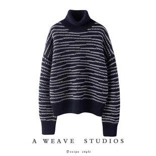 萨琪尼时髦腔调油画艺术品阿拉善山羊绒手工提花高领羊绒衫女毛衣