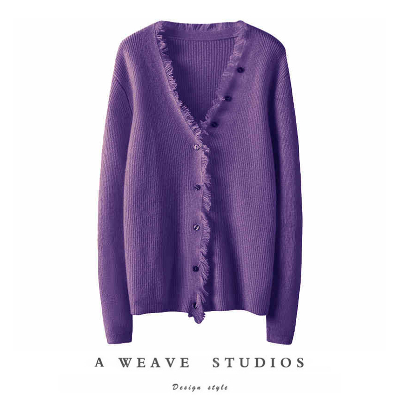 V领流苏开衫纯色秋冬新款羊绒