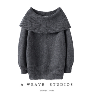 震撼到了！2025冬 羊绒衫女黑灰一字肩翻领长袖针织羊绒毛衣