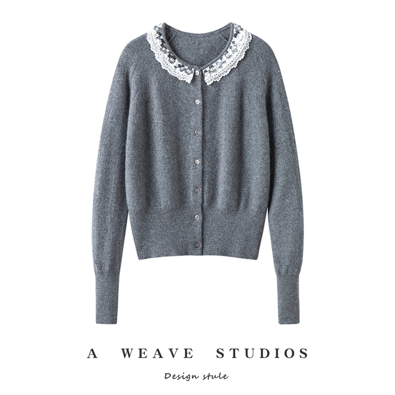 心动花边~小香风蕾丝花边领毛衣外套上衣羊绒开衫女秋冬宽松短款