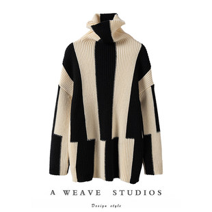 一眼倾心~高领套头黑白条纹羊绒毛衣女秋冬外穿温柔羊绒针织上衣