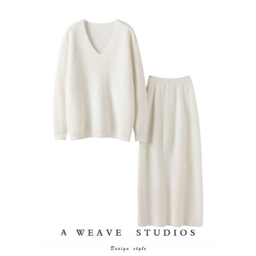 显瘦包容哇~加厚100%纯山羊绒衫女V领毛衣半身裙休闲羊绒套装秋冬