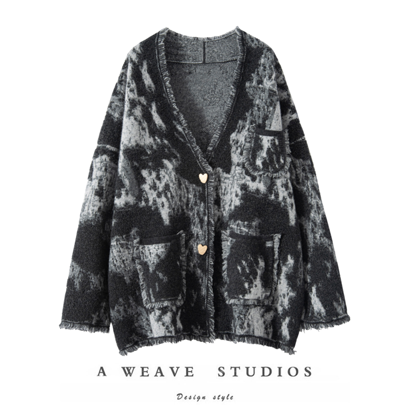 复古气质水墨画山羊绒开衫加厚女宽松V领流苏针织毛衣羊毛外套