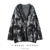 复古气质水墨画山羊绒开衫 加厚女宽松V领流苏针织毛衣羊毛外套