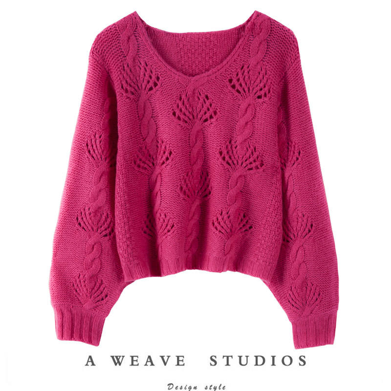 400g山羊绒慵懒范 特种机镂空唯美玫红圆领宽松灯笼袖针织衫G5417,女装/女士精品,羊绒衫,淘宝优惠券,粉丝福利购,淘宝优惠卷