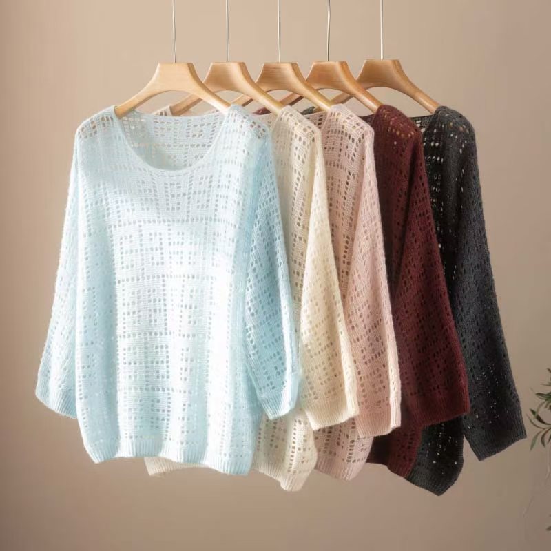 九分袖100纯山羊绒镂空钩花阔版宽松圆领罩衫衫慵懒打底衫