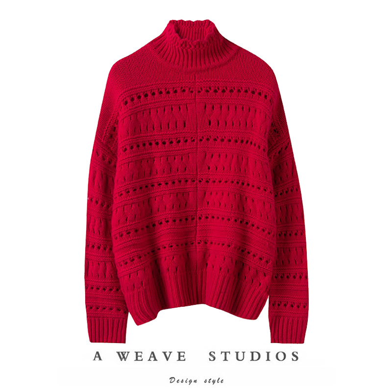 唯美镂空 600克重磅嵿及山羊绒~女半高领宽松长袖套头针织衫2072