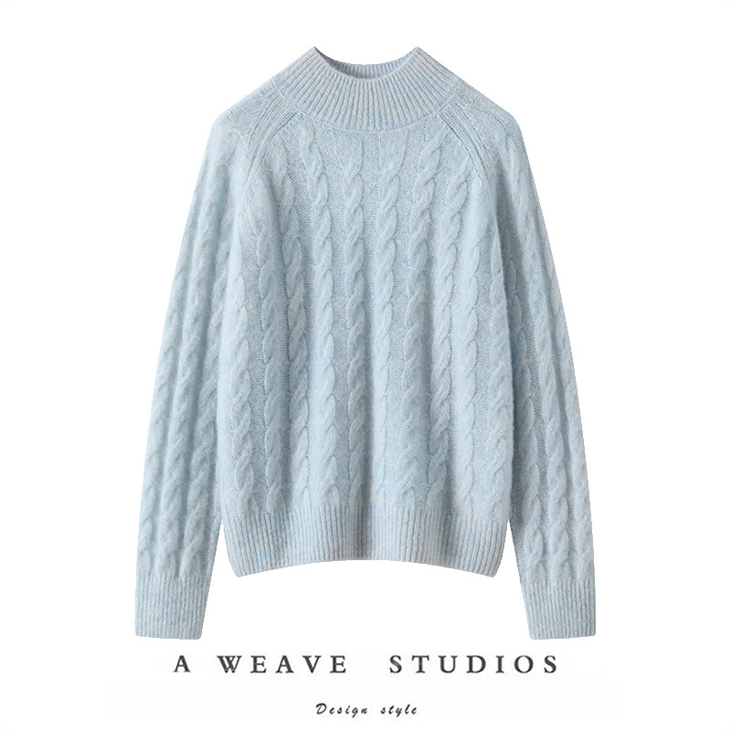 天然优雅~半高领75羊绒25桑蚕丝女麻花提花桑蚕丝针织衫气质上衣