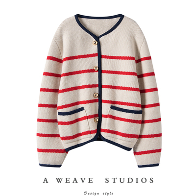 青春活力学院风~红蓝条纹羊绒重磅开衫针织外套毛衣新款秋冬上衣