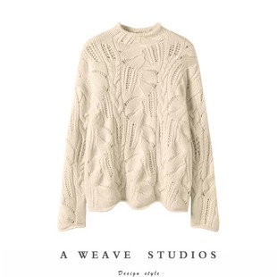 温婉时髦气质~100%纯山羊绒衫女镂空秋冬半高领时尚纯色针织衫