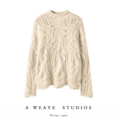 100%纯山羊绒衫女镂空秋冬半高领