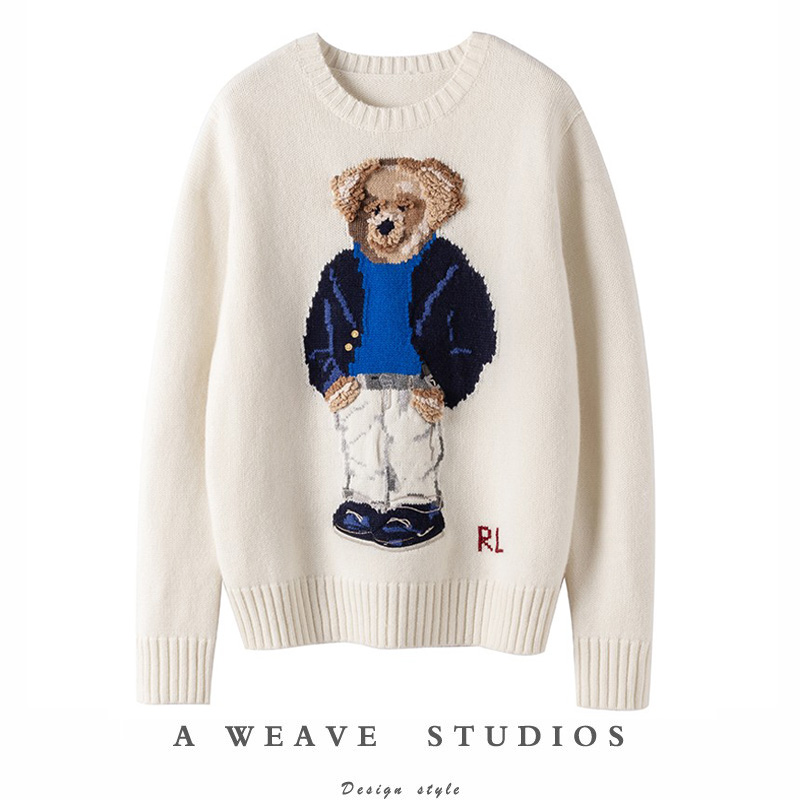 白色手工小熊羊绒毛衣