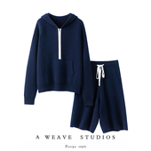 SAQINI盐系精致通勤连帽半拉链卫衣针织两件套松紧腰针织短裤