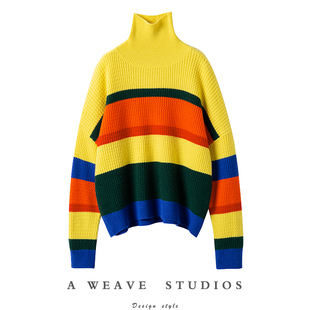 回头率超高~复古彩条撞色高领100%纯羊绒毛衣女纯羊绒衫短款加厚