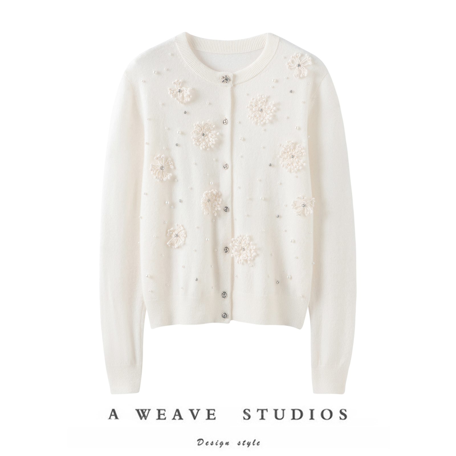 手工立体花朵钉珠纯羊绒衫外套女新款圆领100山羊绒毛衣针织开衫