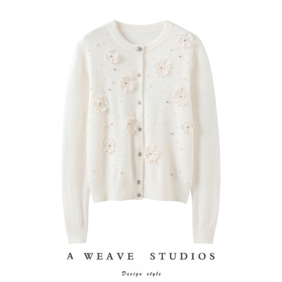 手工立体花朵钉珠纯羊绒衫外套女新款圆领100山羊绒毛衣针织开衫