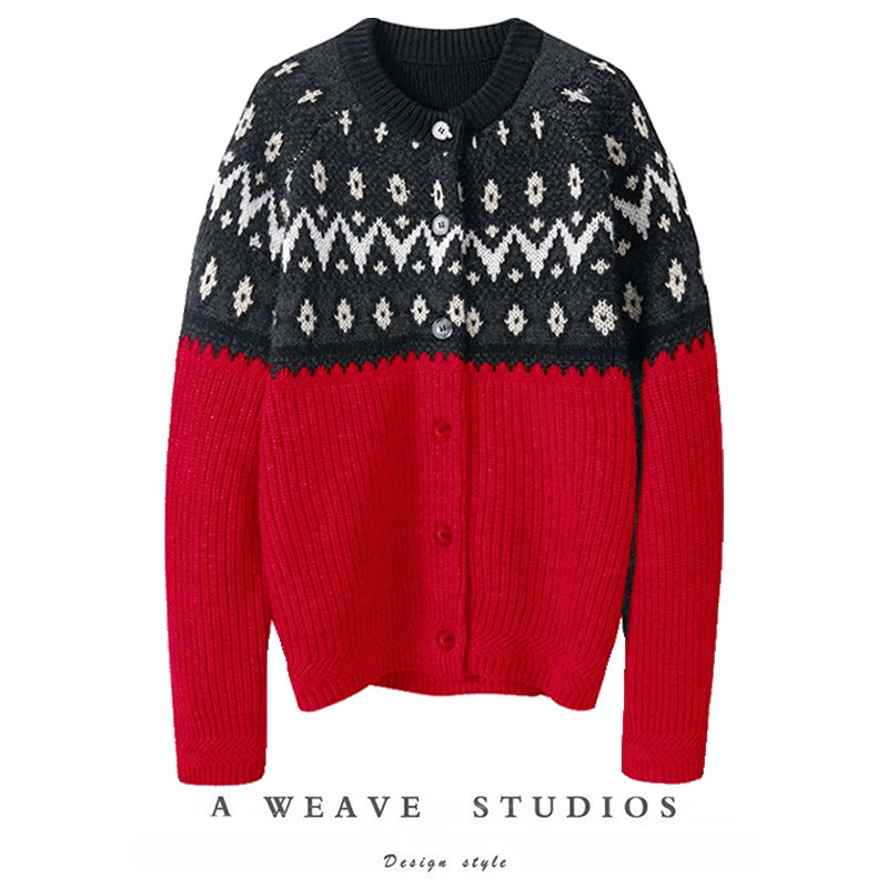正逢新年红！粗针拼接冰岛费尔岛100%纯山羊绒毛衣开衫女2025秋冬,女装/女士精品,羊绒衫,淘宝优惠券,粉丝福利购,淘宝优惠卷