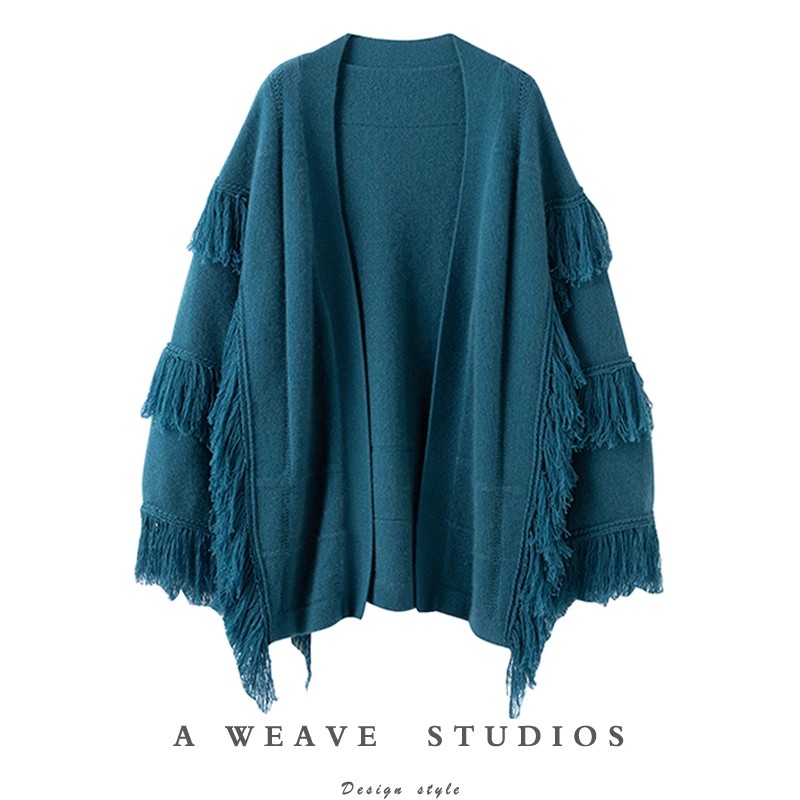 大克重加厚流苏阔袖羊绒开衫女