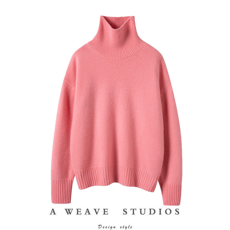美的冒泡!定染蜜桃粉~重磅高领羊绒衫女加厚纯羊绒毛衣宽松慵懒