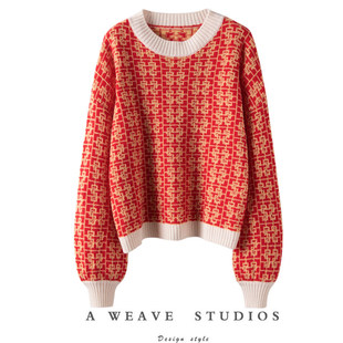 美的不像话！新款羊绒衫女撞色边圆领廓形慵懒套头红色羊绒毛衣