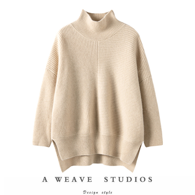 前短后长开叉宽松针织羊绒衫