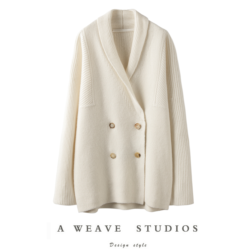 廓形双排扣100%纯羊绒开衫女外套