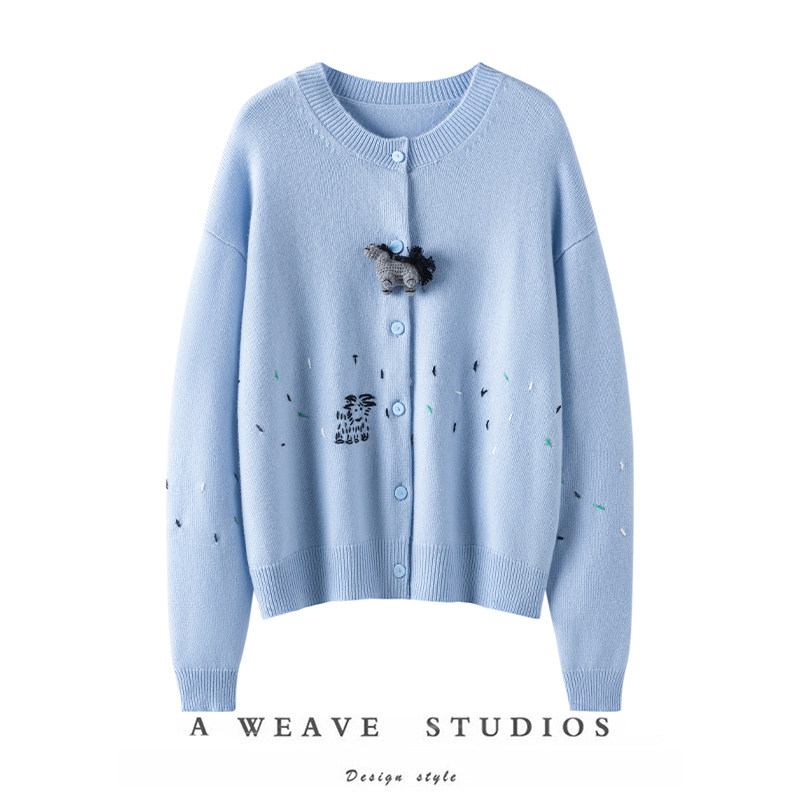 萨琪尼官方正品~联名款手绣公仔玩偶小兔子100%山羊绒针织开衫